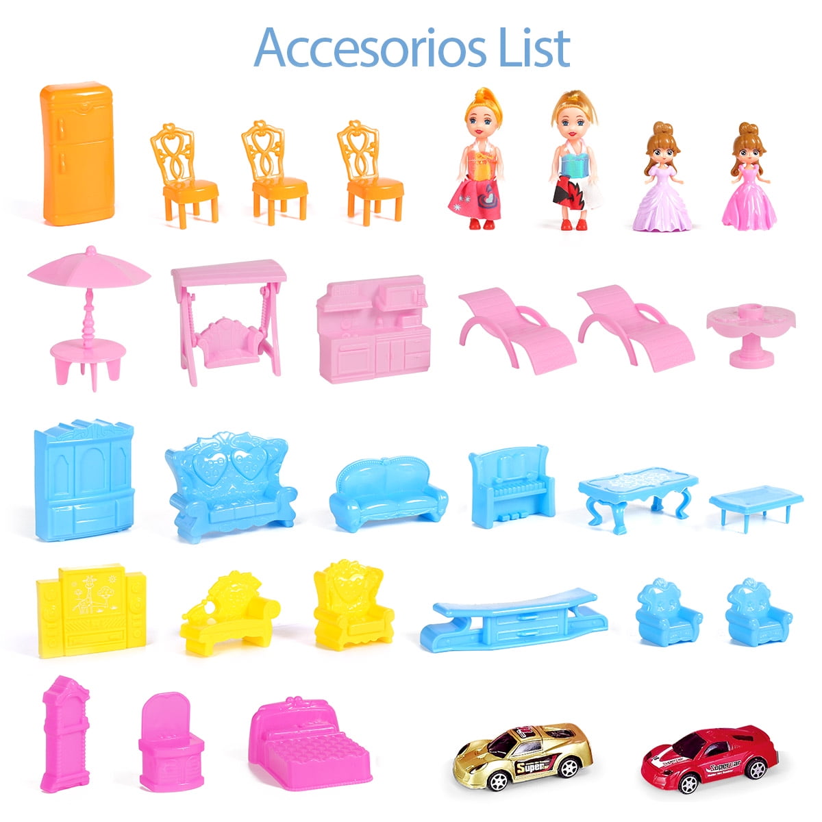 Funbty Dollhouse with Colorful Light, Furniture Sets with 4 Dolls, Creative Gift for 3-12 Year Girls, Pink