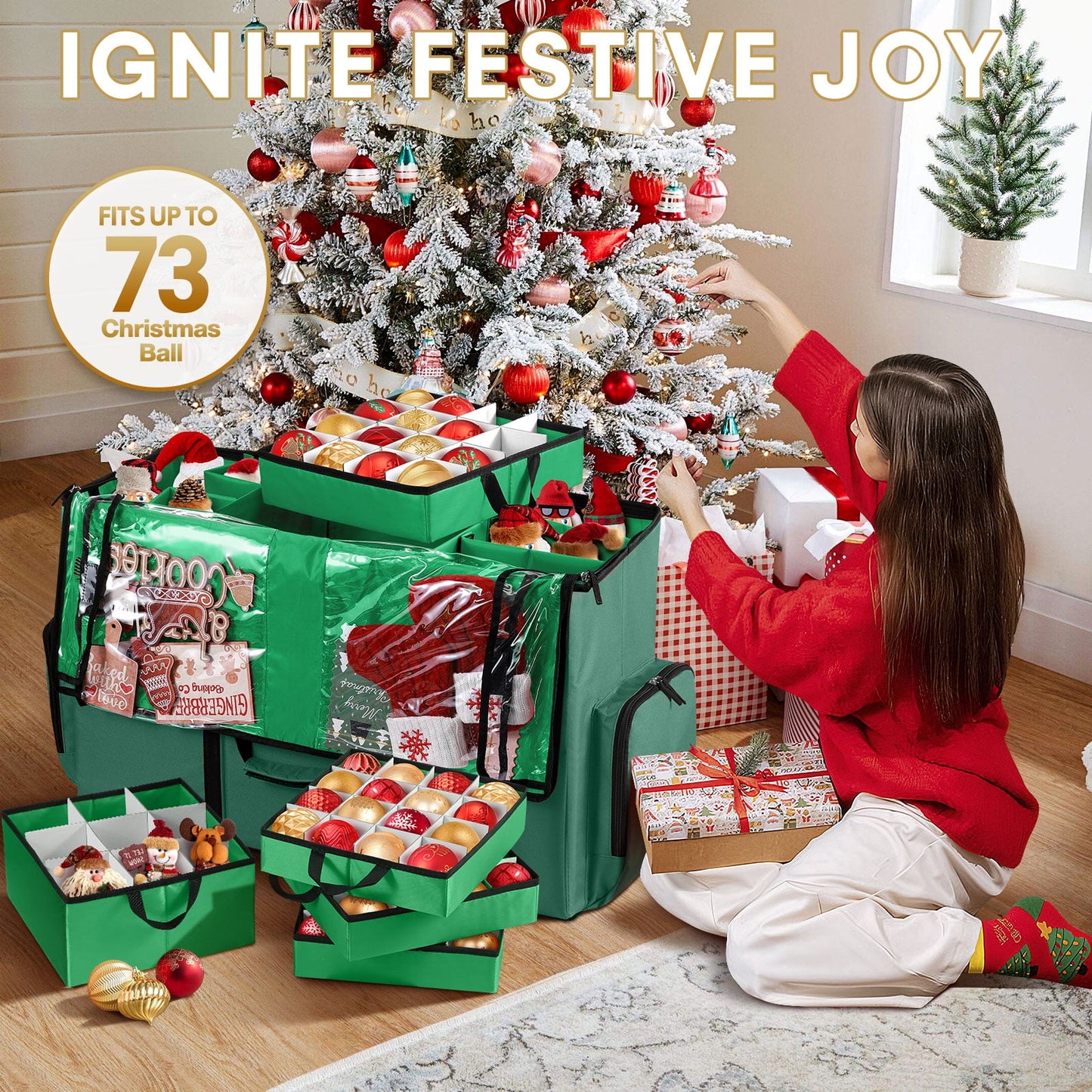 Funbty Premium Christmas Ornament Storage Container with Dividers, Fits Up to 73 Ornaments, 600D Tear Green