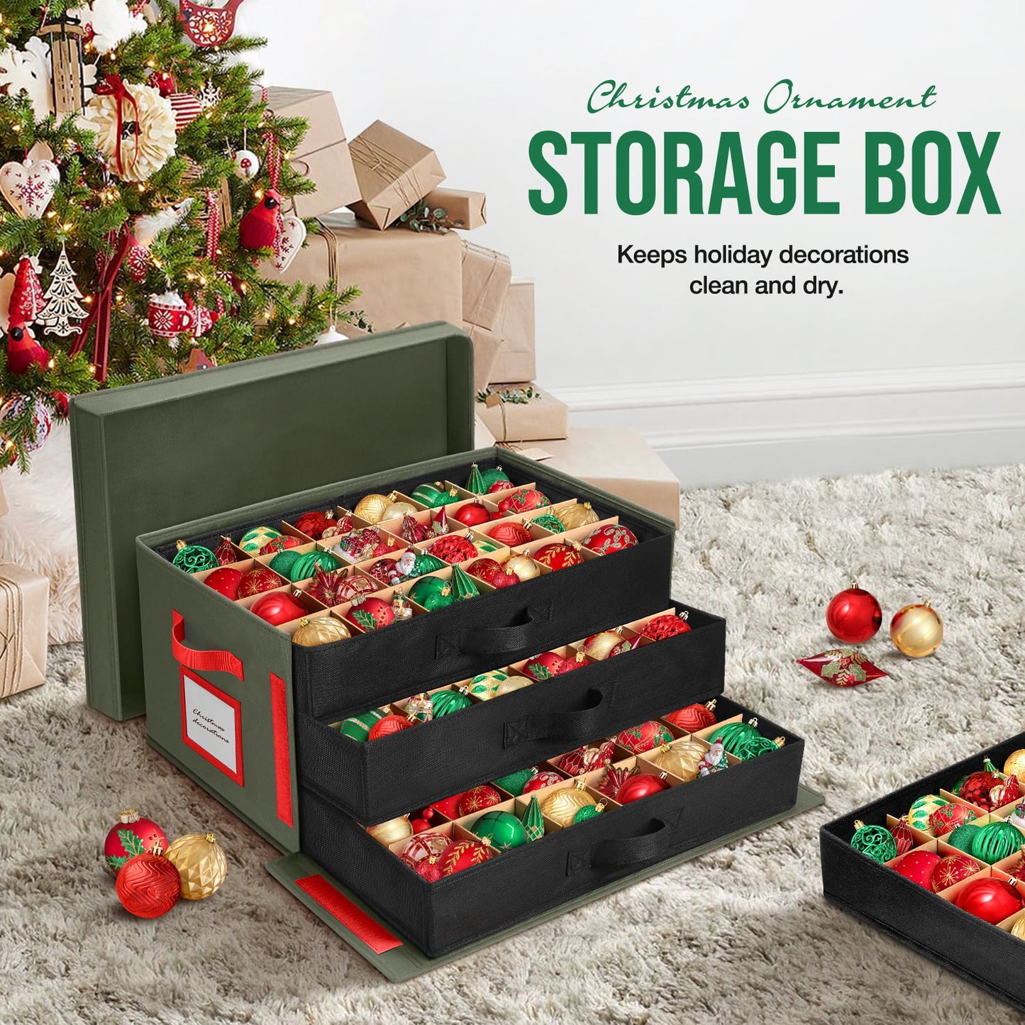 Funbty Premium Large Christmas Ornament Storage Box, Christmas Ornament Organizer, with Side Open, 3 Removable Trays -Keeps 72 Holiday Ornaments, Green