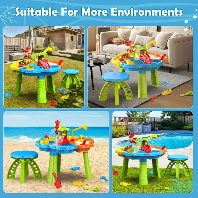 Funbty 3 in 1 Kids Sand Water Table, 37PCS Sensory Play Table, 24"x24"x14.56" Outdoor Summer Toy Gift for Toddlers Boys Girls