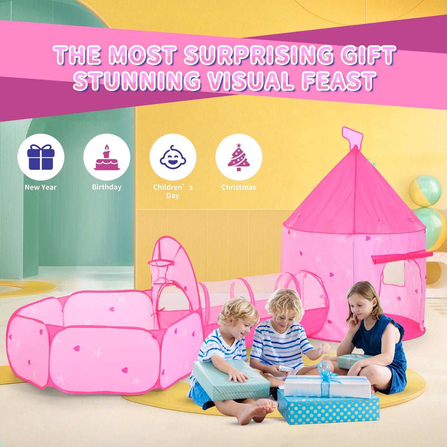 Funbty Kids Ball Pit with Play Tent and Play Tunnel, Kids Pop Up Tent for Indoor Outdoor, Toys for Boys Girls Babies Toddlers Playhouse
