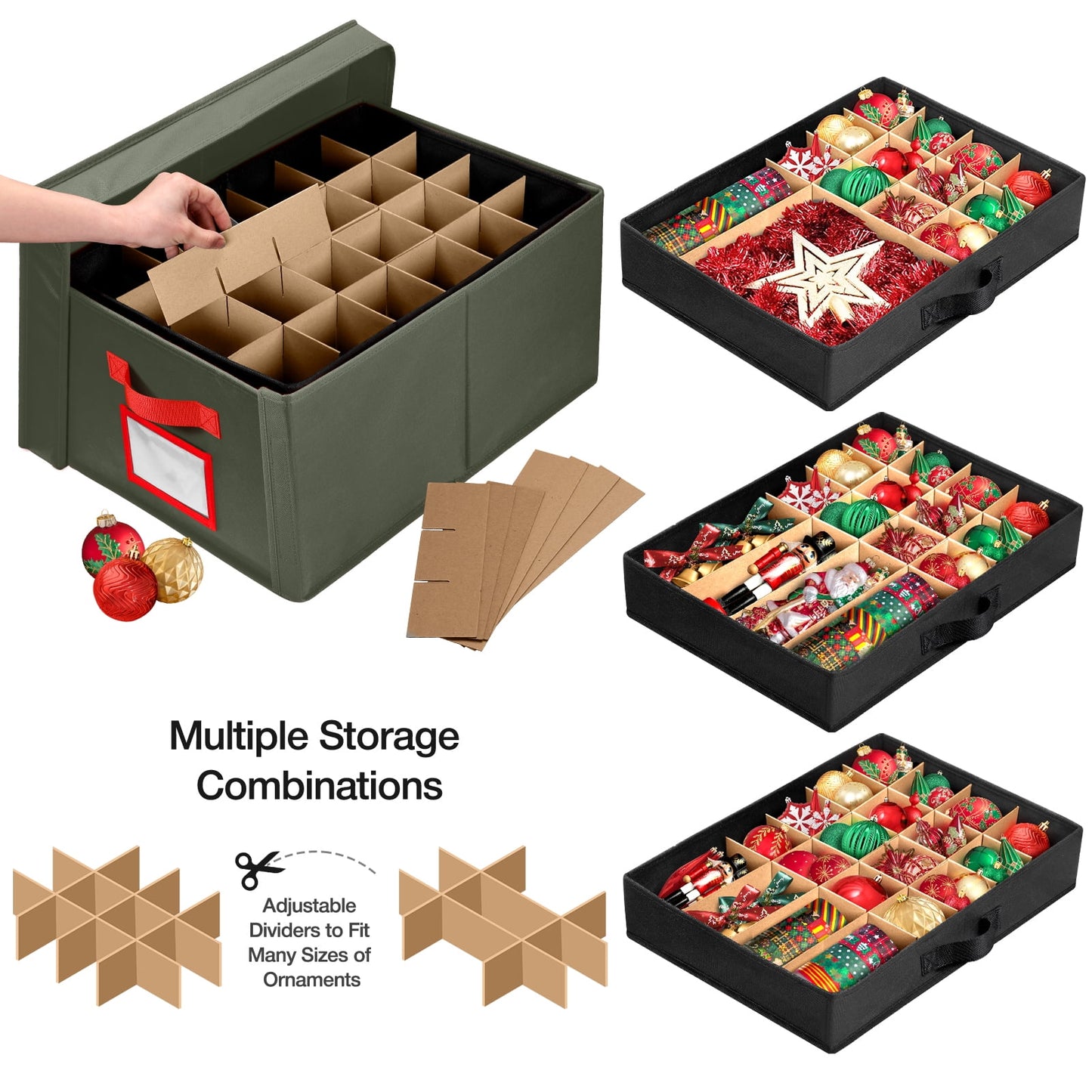 Funbty Premium Large Christmas Ornament Storage Box, Christmas Ornament Organizer, with Side Open, 3 Removable Trays -Keeps 72 Holiday Ornaments, Green