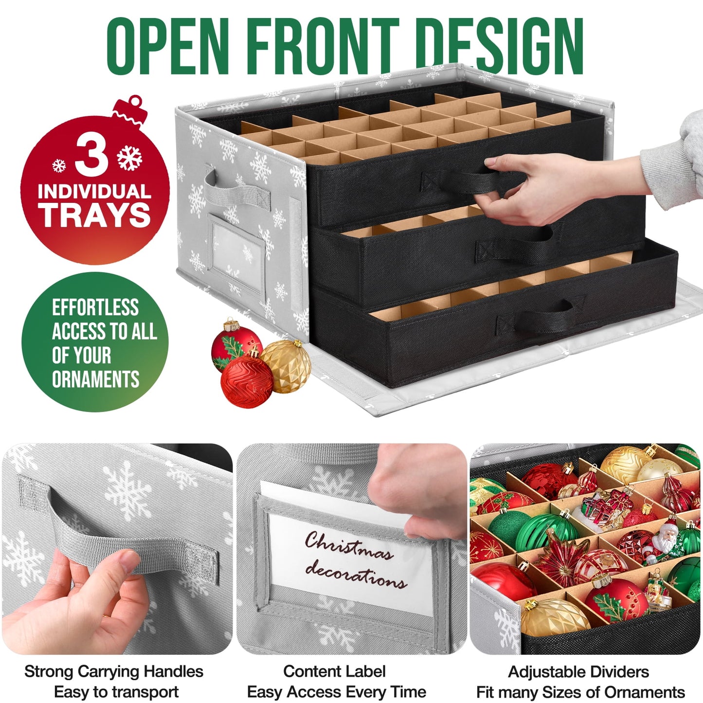 Funbty Premium Large Christmas Ornament Storage Box, Christmas Ornament Organizer, with Side Open, 3 Removable Trays - Keeps 72 Holiday Ornaments, Grey with Snowflake