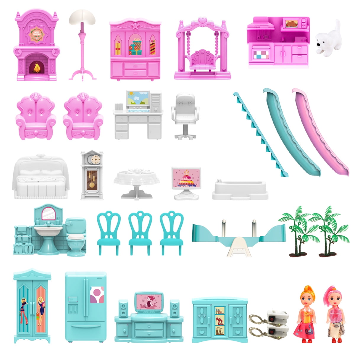 Funbty Dollhouse with Colorful Light, Pretend Play 14 Rooms DIY Playhouse, Kids Doll House with 2 Dolls, Creative Gift for Girls, Blue