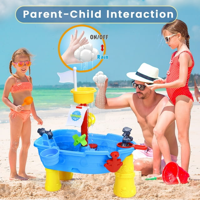 Funbty Kids Sand Water Pirate Ship Table, 21PCS Sensory Sandbox Play Table, 21.85"x16.33"x22.44", Outdoor Toy Gift for Toddlers