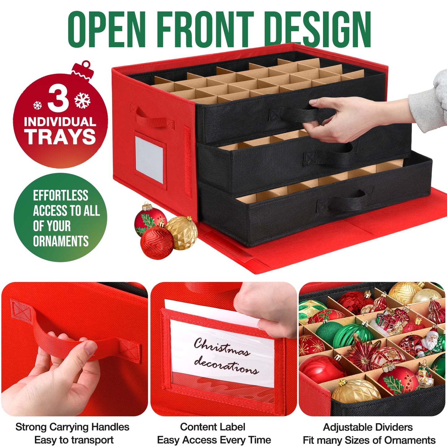 Funbty Premium Large Christmas Ornament Storage Box, Christmas Ornament Organizer, with Side Open, 3 Removable Trays - Keeps 72 Holiday Ornaments, Red