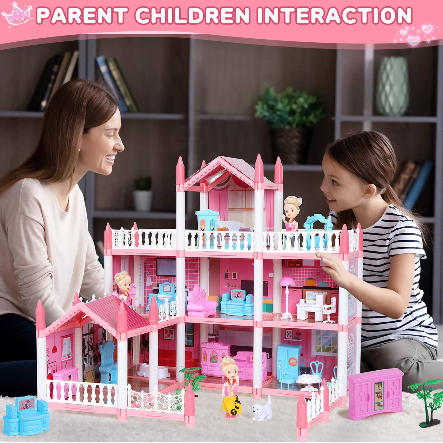 Funbty DollHouse with Colorful Light, Pretend Play Toddler Doll House Furniture Sets with 3 Dolls, 9 Rooms DIY , Creative Gift for Girls