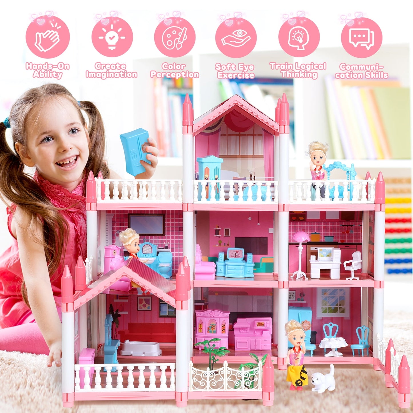 Funbty DollHouse with Colorful Light, Pretend Play Toddler Doll House Furniture Sets with 3 Dolls, 9 Rooms DIY , Creative Gift for Girls