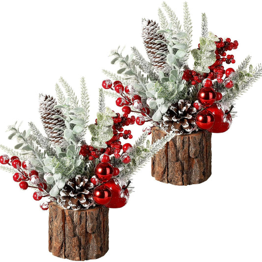 Funbty 2Pack Small Christmas Tree with Christmas Ornaments Pine Cone Berry, Small Xmas Tree for Christmas Decorations Indoor Outdoor(Red-Round)