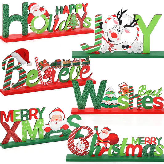 Funbty 6 Christmas Table Decorations Signs, Merry Wooden Christmas Table Decor Holidays Centerpiece