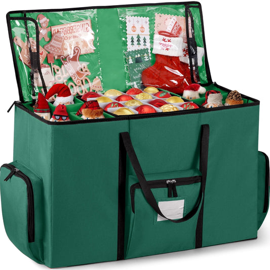 Funbty Premium Christmas Ornament Storage Container with Dividers, Fits Up to 73 Ornaments, 600D Tear Green