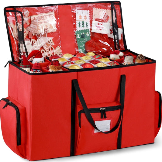 Funbty Premium Christmas Ornament Storage Container with Dividers, Fits Up to 73 Ornaments, 600D Tear Red