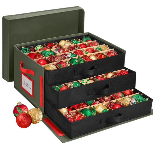 Funbty Premium Large Christmas Ornament Storage Box, Christmas Ornament Organizer, with Side Open, 3 Removable Trays -Keeps 72 Holiday Ornaments, Green