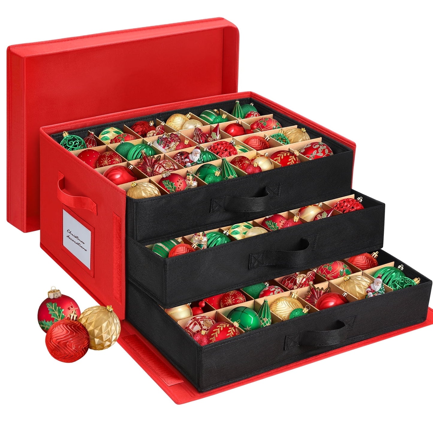 Funbty Premium Large Christmas Ornament Storage Box, Christmas Ornament Organizer, with Side Open, 3 Removable Trays - Keeps 72 Holiday Ornaments, Red
