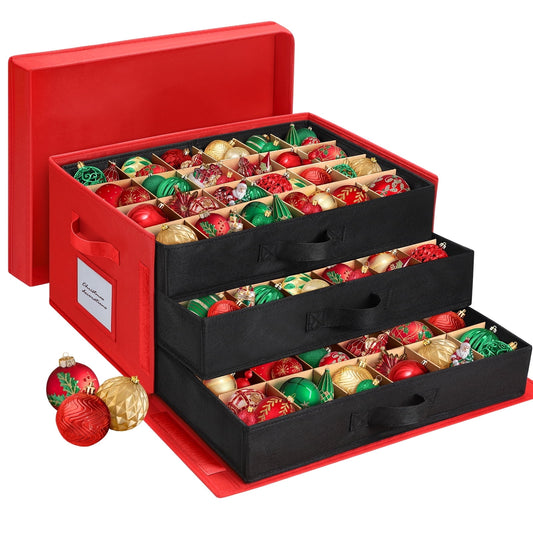 Funbty Premium Large Christmas Ornament Storage Box, Christmas Ornament Organizer, with Side Open, 3 Removable Trays - Keeps 72 Holiday Ornaments, Red