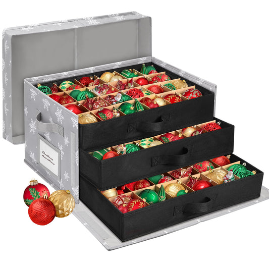 Funbty Premium Large Christmas Ornament Storage Box, Christmas Ornament Organizer, with Side Open, 3 Removable Trays - Keeps 72 Holiday Ornaments, Grey with Snowflake