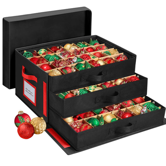 Funbty Premium Large Christmas Ornament Storage Box, Christmas Ornament Organizer, with Side Open, 3 Removable Trays - Keeps 72 Holiday Ornaments, Black