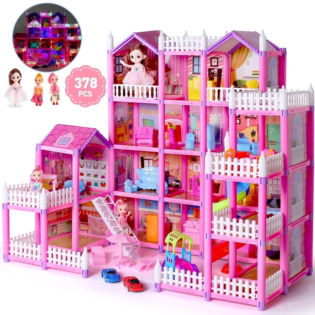 Funbty  DollHouse with Colorful Light, Pretend Play Toddler Doll House Furniture Sets with 3 Dolls, 20 Rooms DIY house, Creative Gift for Girls, Pink