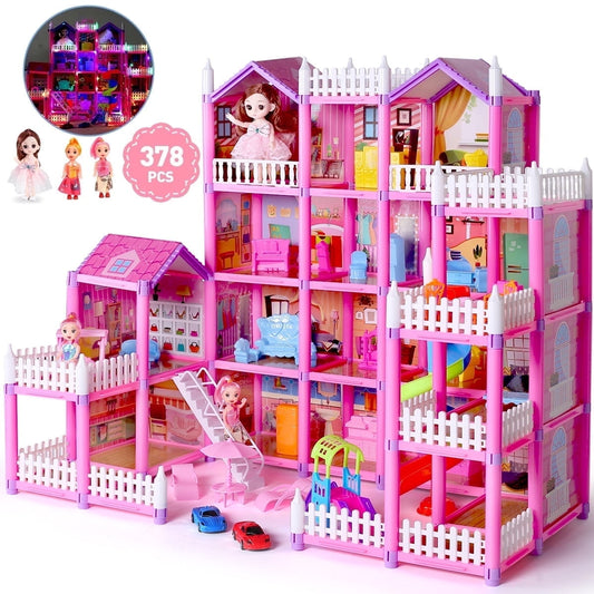 Funbty  DollHouse with Colorful Light, Pretend Play Toddler Doll House Furniture Sets with 3 Dolls, 20 Rooms DIY house, Creative Gift for Girls, Pink
