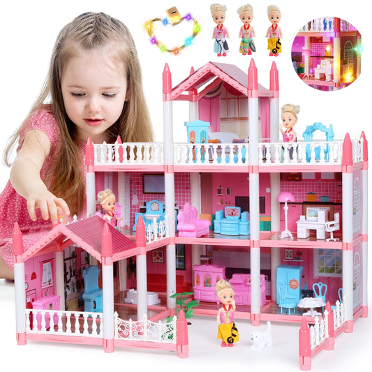 Funbty DollHouse with Colorful Light, Pretend Play Toddler Doll House Furniture Sets with 3 Dolls, 9 Rooms DIY , Creative Gift for Girls