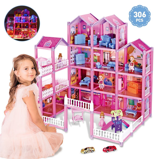 Funbty Dollhouse with Colorful Light, Furniture Sets with 4 Dolls, Creative Gift for 3-12 Year Girls, Pink