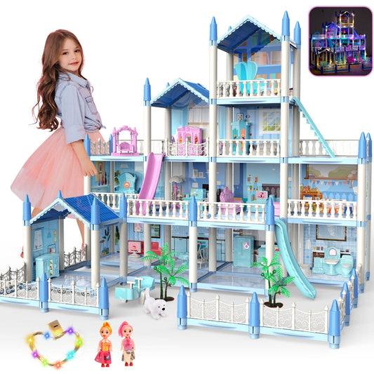 Funbty Dollhouse with Colorful Light, Pretend Play 14 Rooms DIY Playhouse, Kids Doll House with 2 Dolls, Creative Gift for Girls, Blue