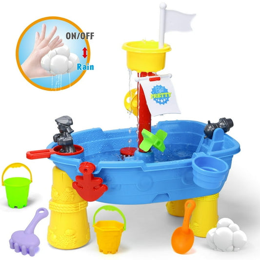 Funbty Kids Sand Water Pirate Ship Table, 21PCS Sensory Sandbox Play Table, 21.85"x16.33"x22.44", Outdoor Toy Gift for Toddlers