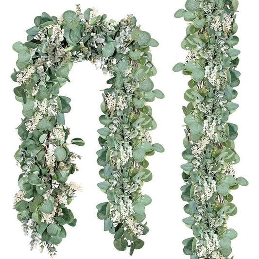 Funbty  2 Pack Eucalyptus Garland, 6.56 Ft Silver Dollar Leaves Boxwood with White Buds Artificial Faux Greenery Vines for Spring Summer Wedding Party Table Room Home Mantle Decor