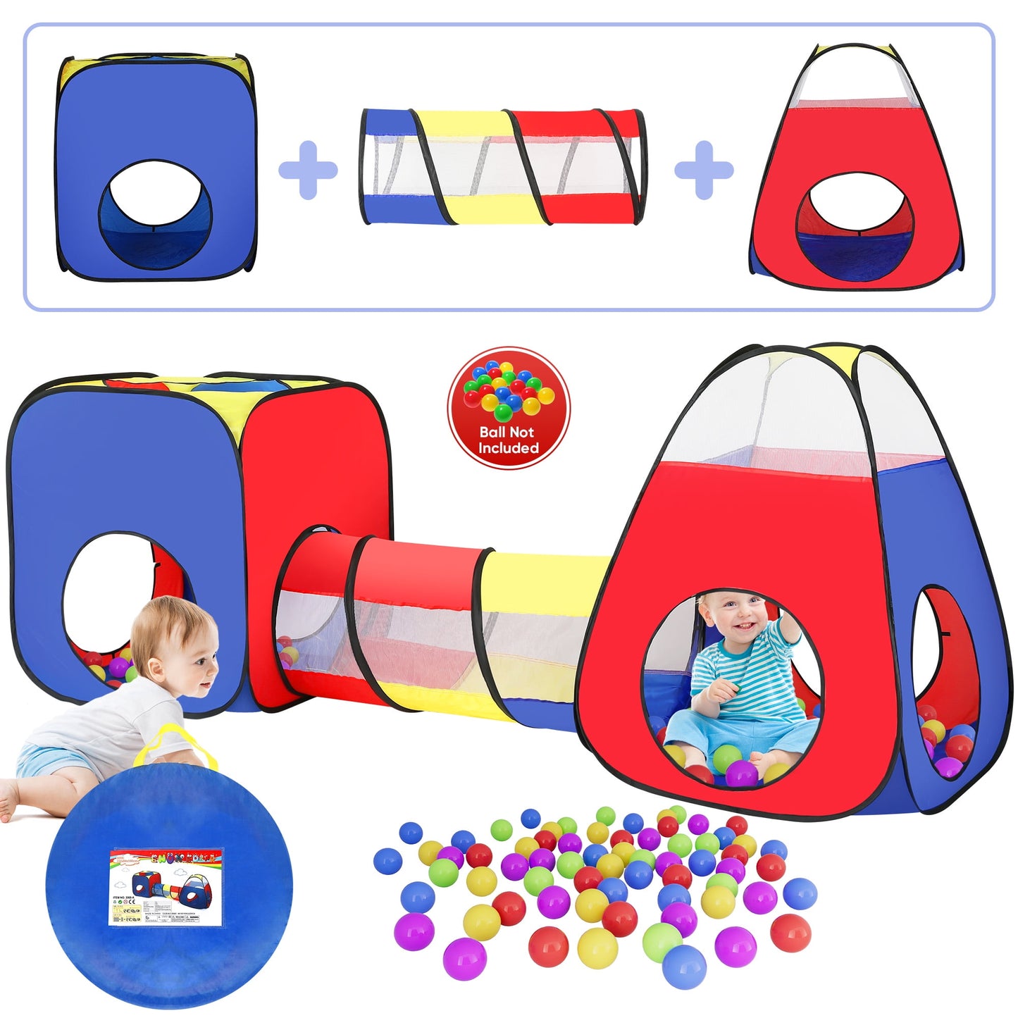 Funbty 3 in 1 Kids Play Tent and Tunnels - Ball Pit+Crawl Tunnel+Castle Tent Playhouse Tent Set for Boys Girls Kids(No Ball)