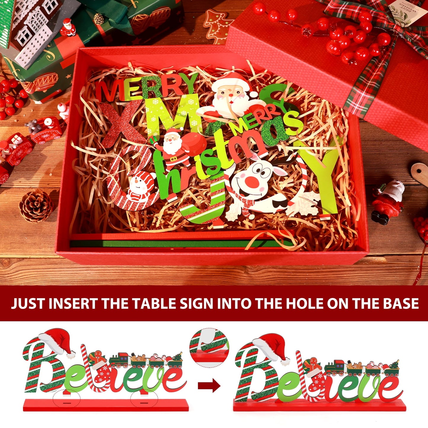 Funbty 6 Christmas Table Decorations Signs, Merry Wooden Christmas Table Decor Holidays Centerpiece