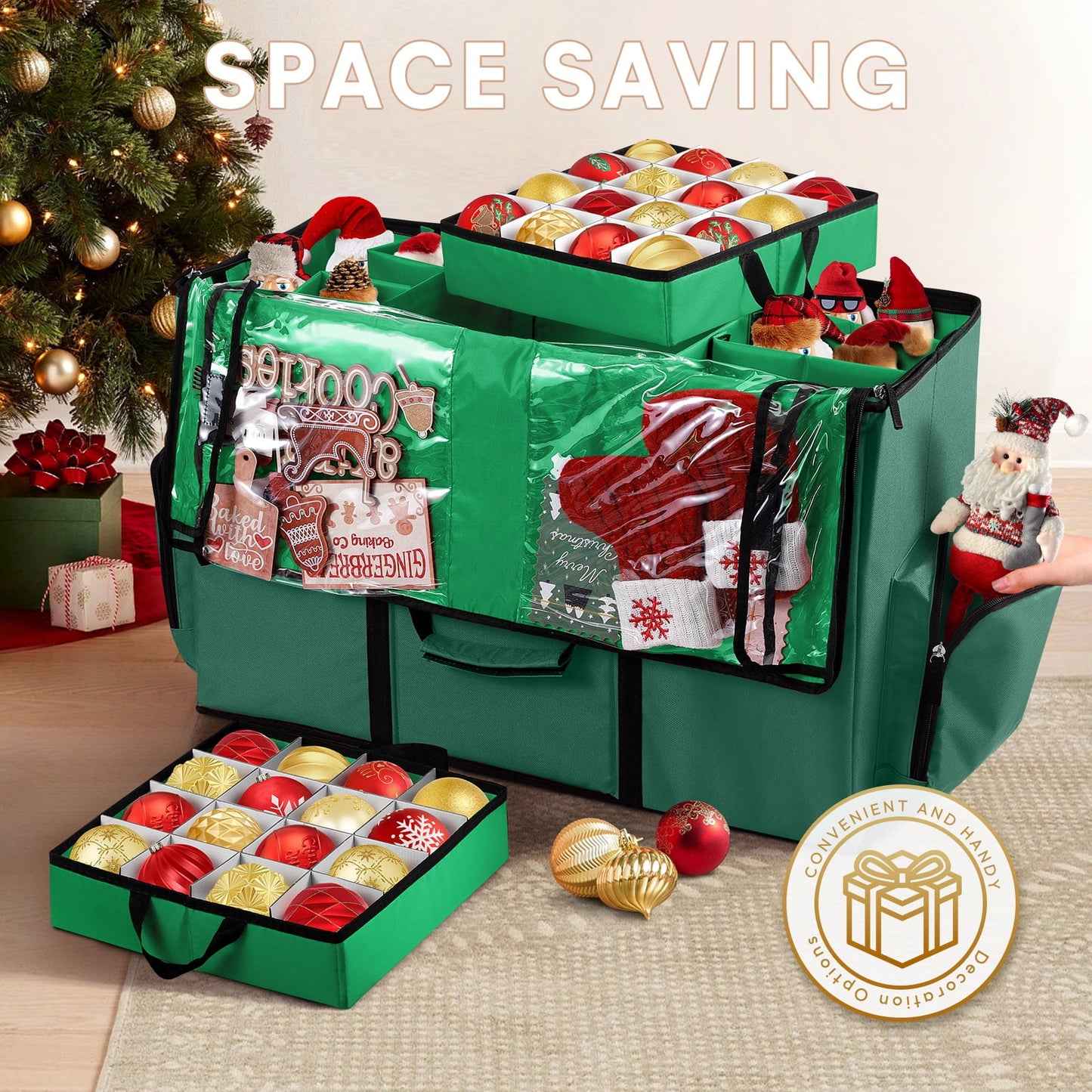 Funbty Premium Christmas Ornament Storage Container with Dividers, Fits Up to 73 Ornaments, 600D Tear Green
