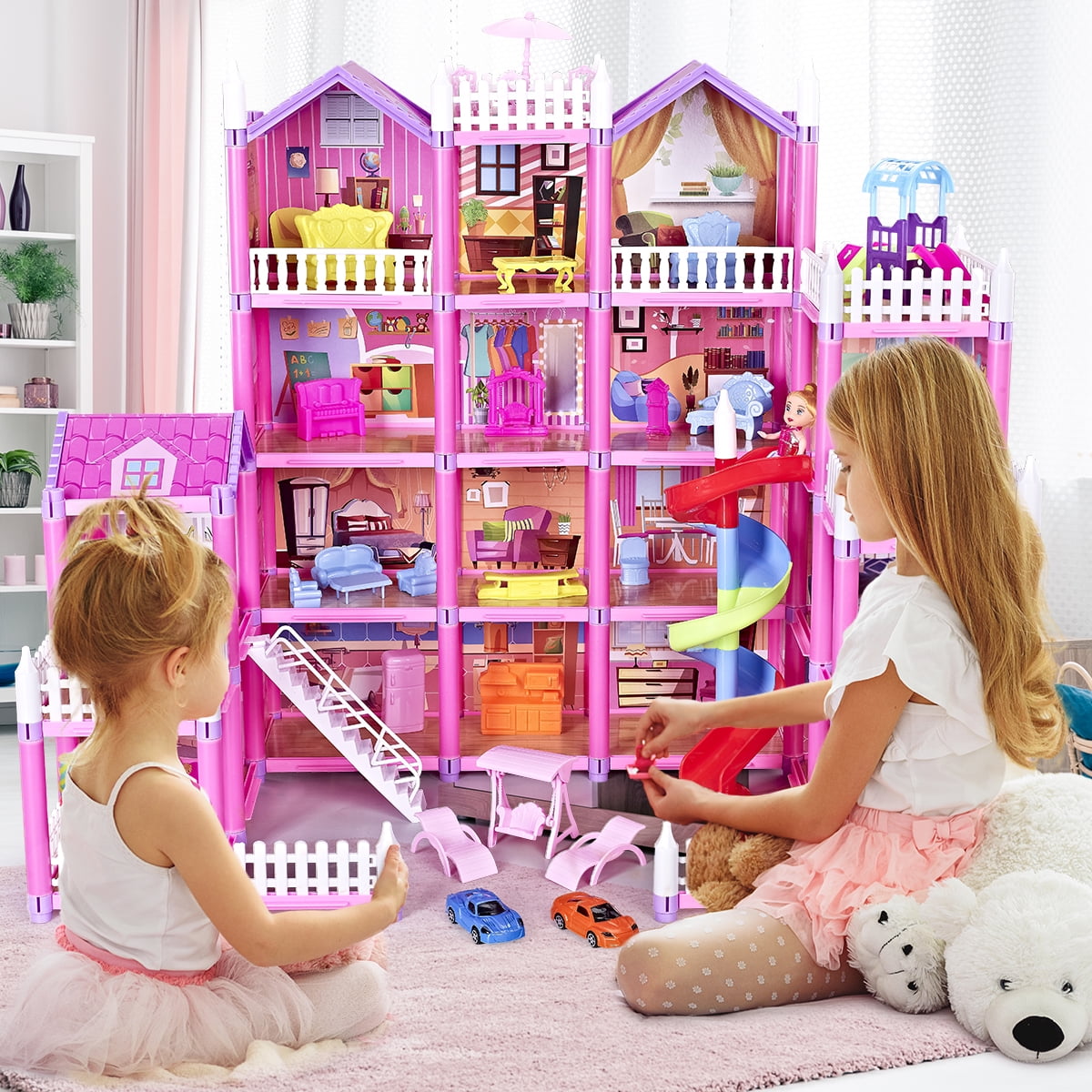 Funbty  DollHouse with Colorful Light, Pretend Play Toddler Doll House Furniture Sets with 3 Dolls, 20 Rooms DIY house, Creative Gift for Girls, Pink