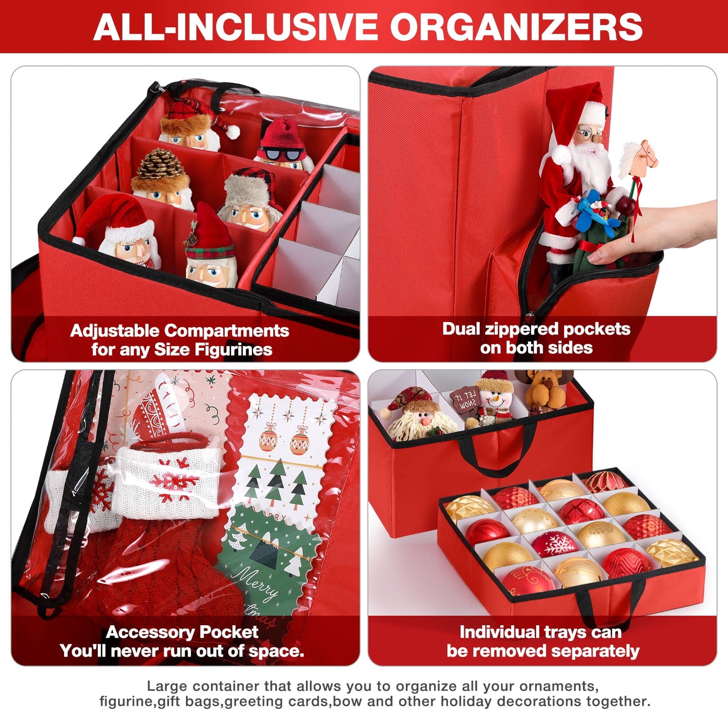 Funbty Premium Christmas Ornament Storage Container with Dividers, Fits Up to 73 Ornaments, 600D Tear Red