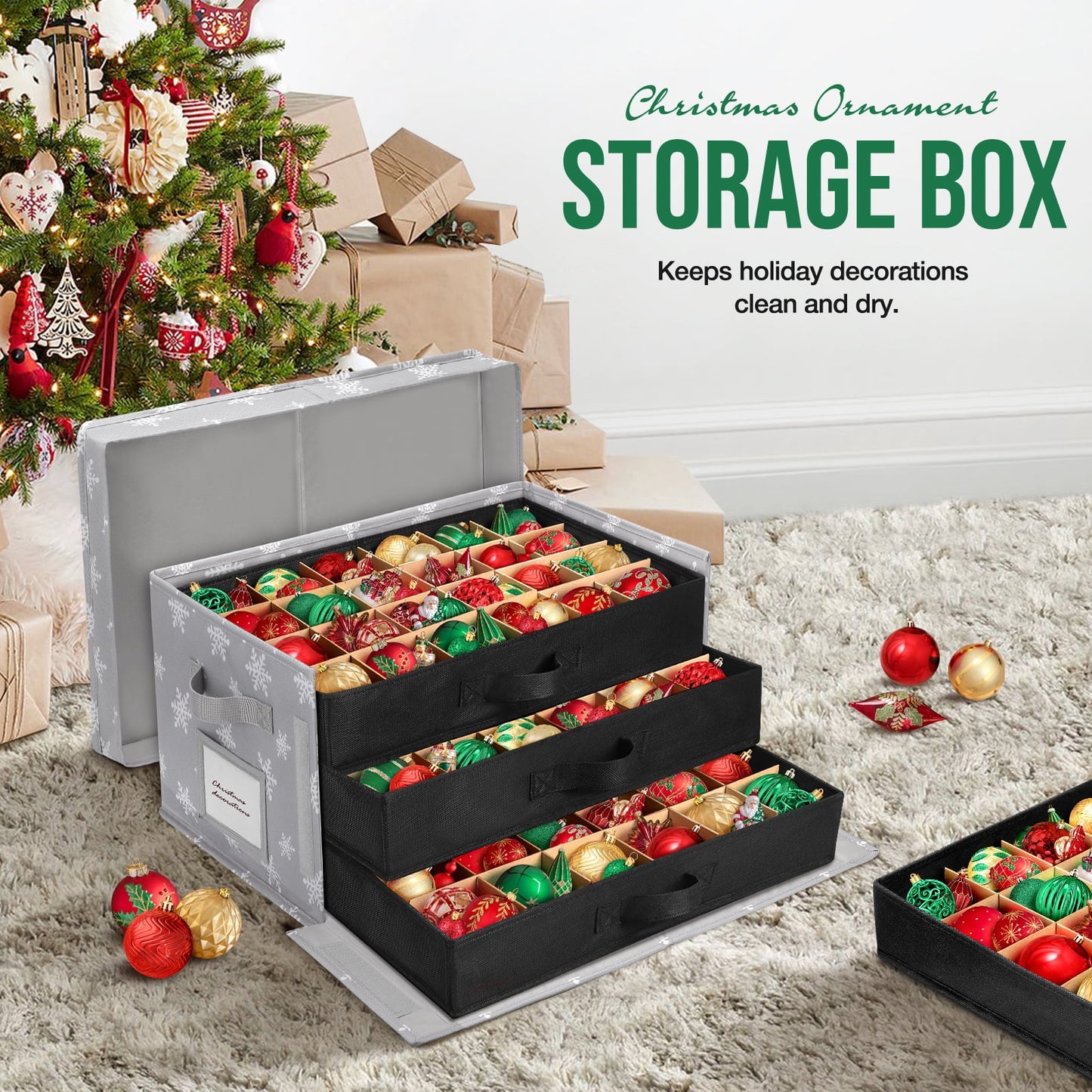 Funbty Premium Large Christmas Ornament Storage Box, Christmas Ornament Organizer, with Side Open, 3 Removable Trays - Keeps 72 Holiday Ornaments, Grey with Snowflake