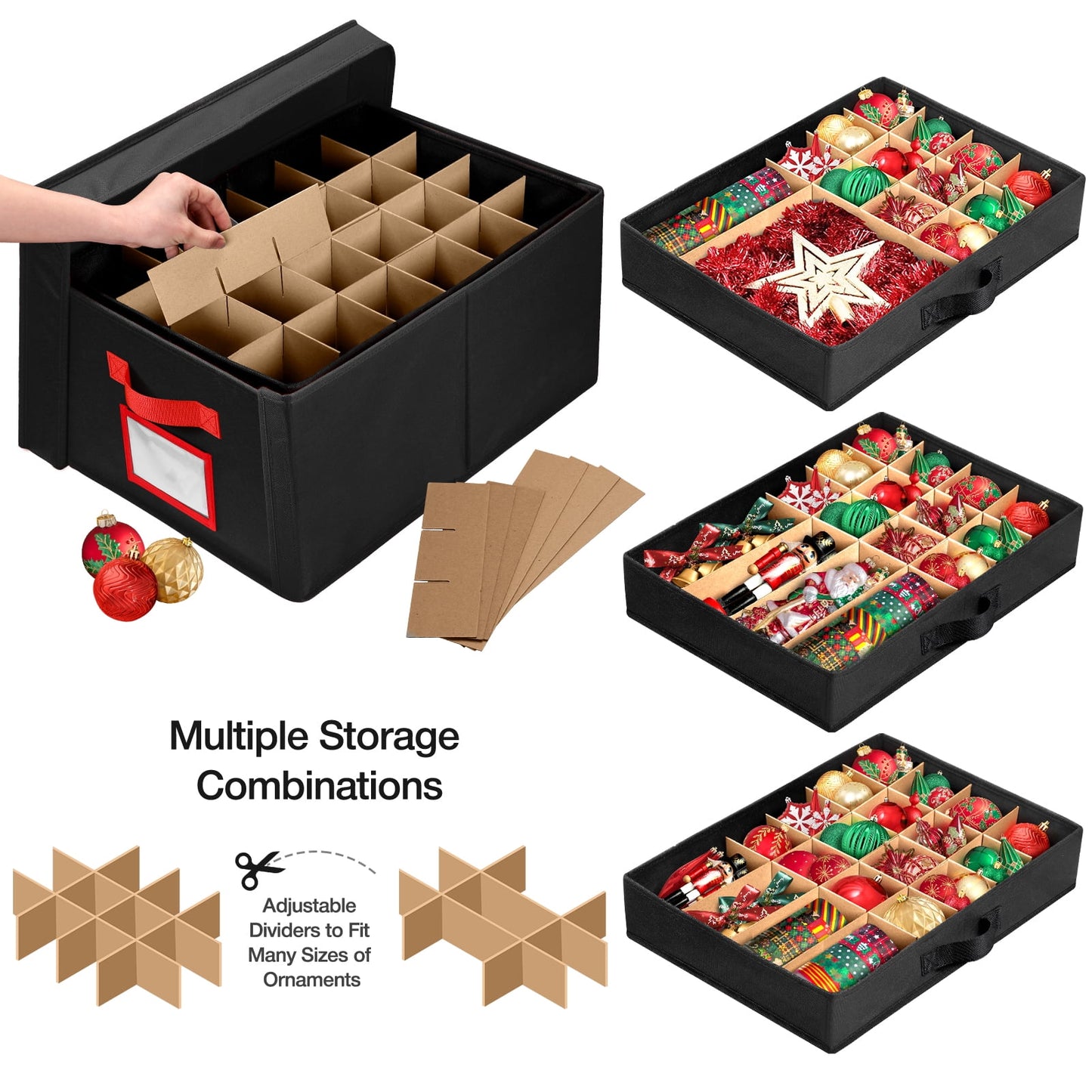 Funbty Premium Large Christmas Ornament Storage Box, Christmas Ornament Organizer, with Side Open, 3 Removable Trays - Keeps 72 Holiday Ornaments, Black