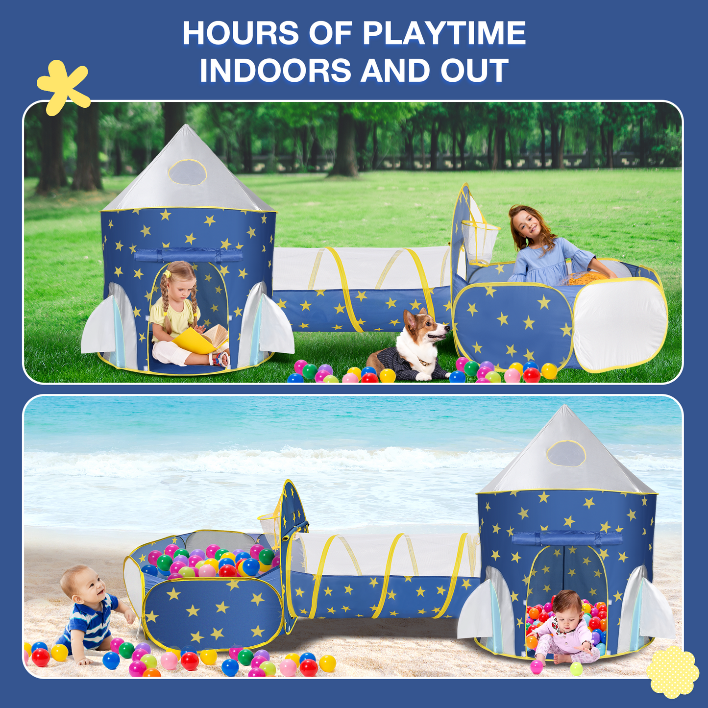 Funbty Kids Play Tent, 3 in 1 Play Tents Tunnel Set with Ball Pit and Storage Bag, Indoor Outdoor Toy Tent for Toddlers Kids Toy Gifts, Blue (No Ball)
