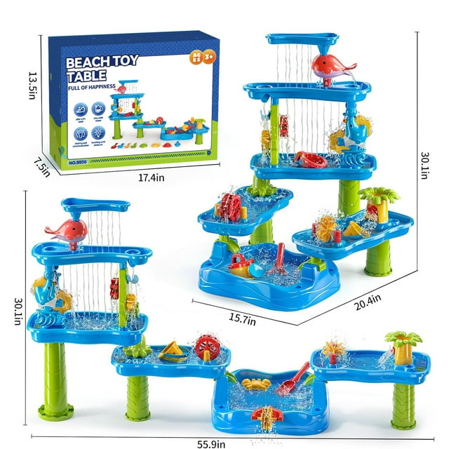 Funbty Kids Water Table, 5-Tier Outdoor Sensory Play Table with Stools & Drainage Hole, 30.1" Tall, Summer Backyard Beach Toys for Kids Age 4-8