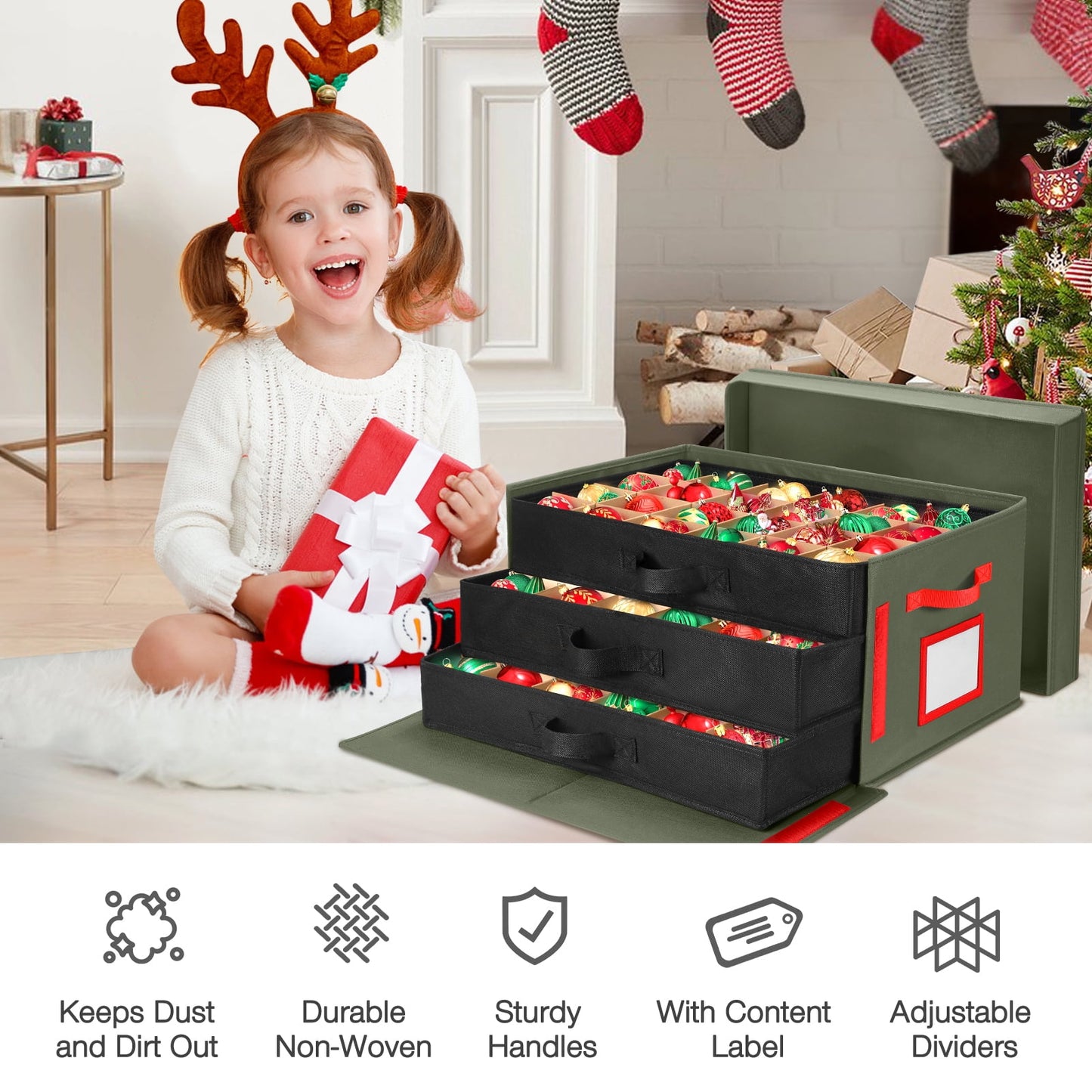 Funbty Premium Large Christmas Ornament Storage Box, Christmas Ornament Organizer, with Side Open, 3 Removable Trays -Keeps 72 Holiday Ornaments, Green