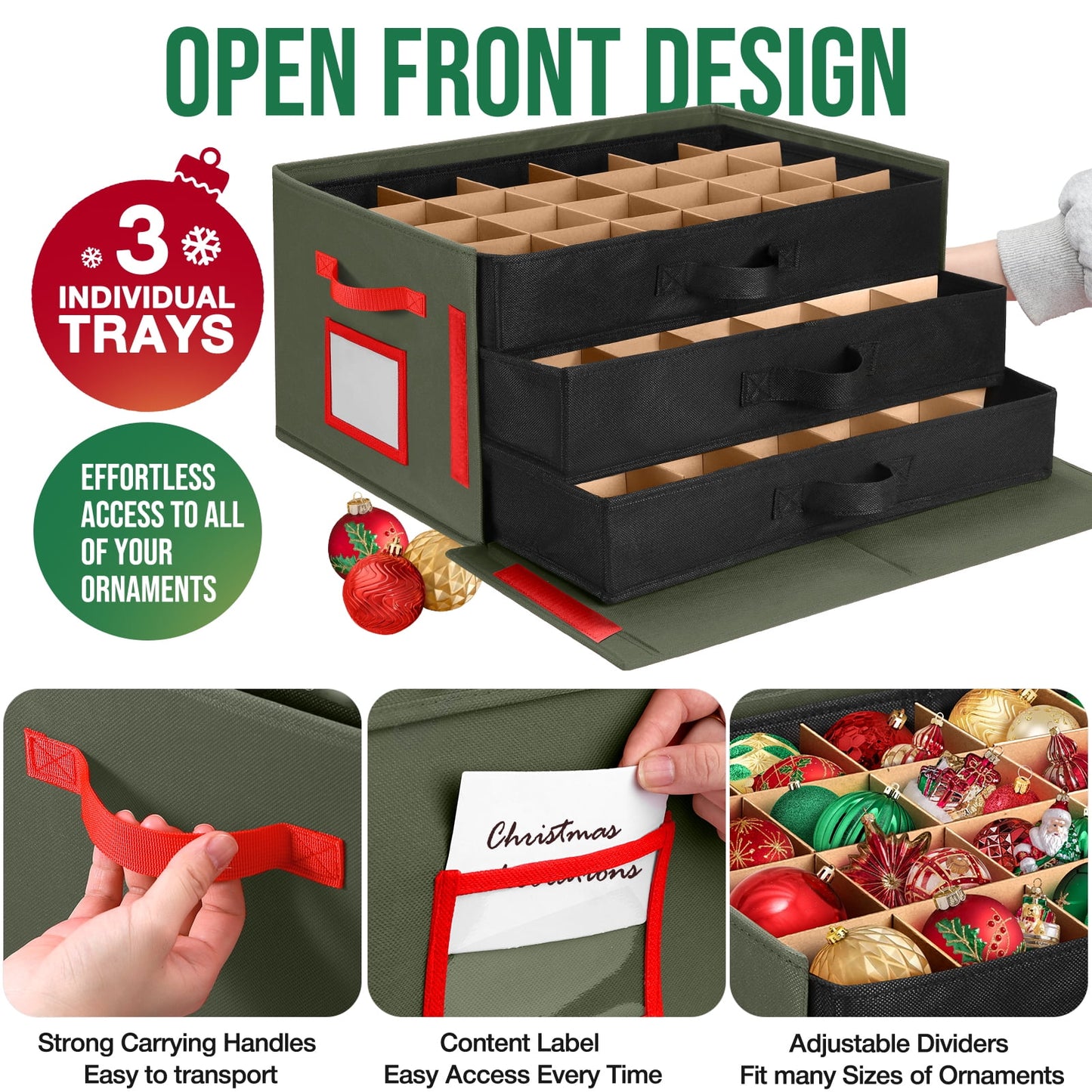 Funbty Premium Large Christmas Ornament Storage Box, Christmas Ornament Organizer, with Side Open, 3 Removable Trays -Keeps 72 Holiday Ornaments, Green