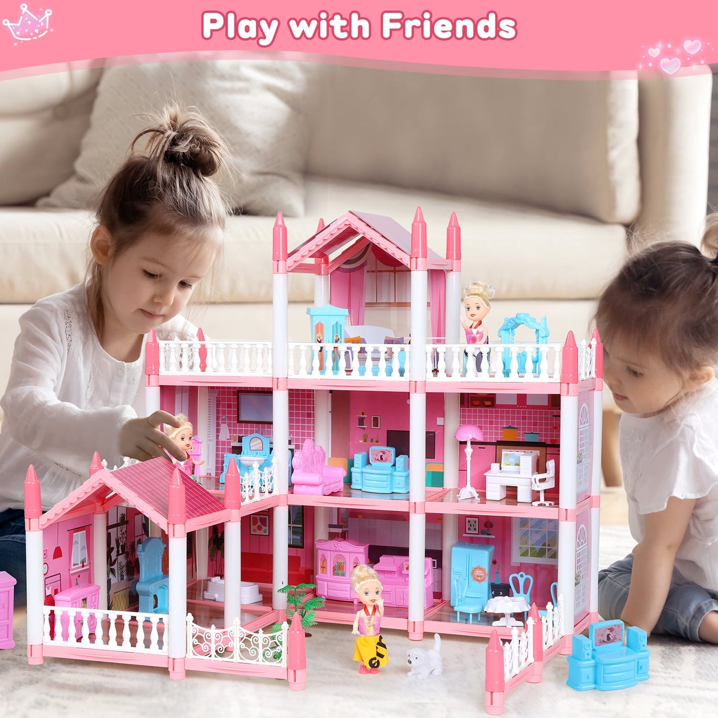 Funbty DollHouse with Colorful Light, Pretend Play Toddler Doll House Furniture Sets with 3 Dolls, 9 Rooms DIY , Creative Gift for Girls