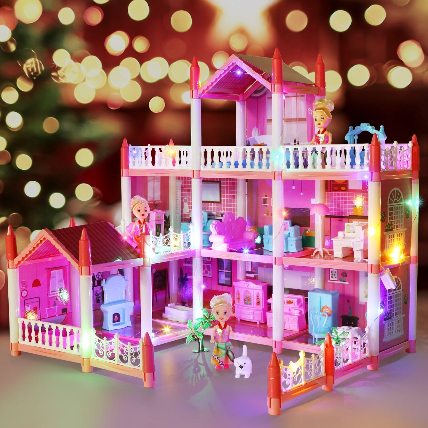 Funbty DollHouse with Colorful Light, Pretend Play Toddler Doll House Furniture Sets with 3 Dolls, 9 Rooms DIY , Creative Gift for Girls