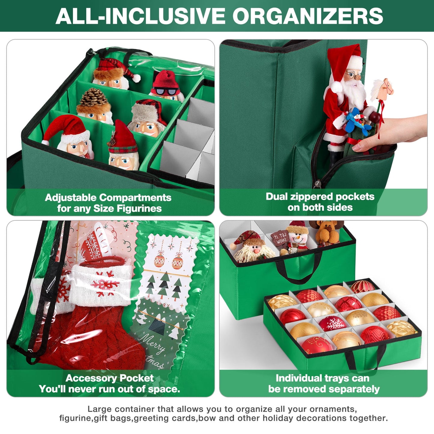 Funbty Premium Christmas Ornament Storage Container with Dividers, Fits Up to 73 Ornaments, 600D Tear Green