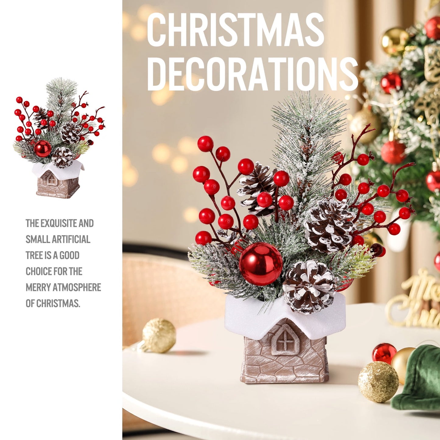 Funbty Artificial Mini Tabletop Christmas Tree Decorations with Christmas Ornaments, Small Christmas Tree for Home Party Thankgivings Christmas Decor Indoor, Red