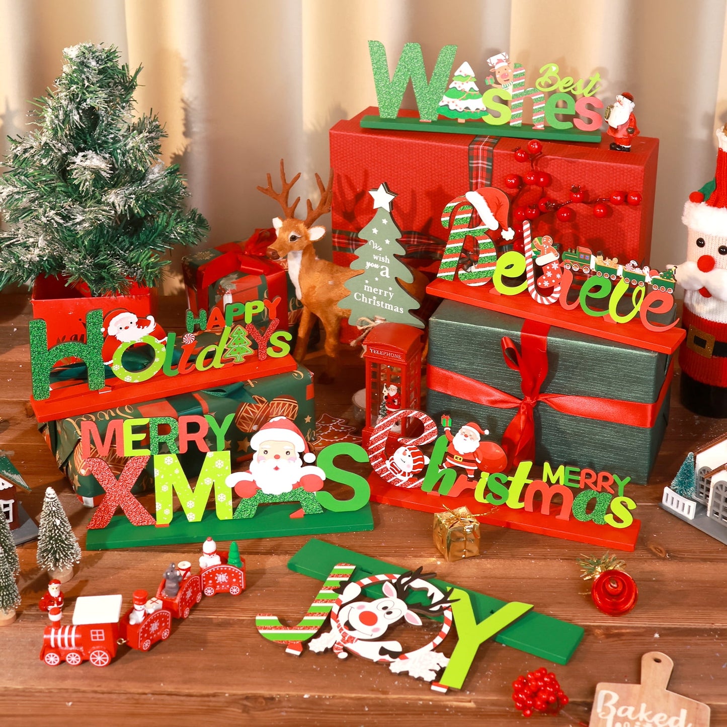 Funbty 6 Christmas Table Decorations Signs, Merry Wooden Christmas Table Decor Holidays Centerpiece