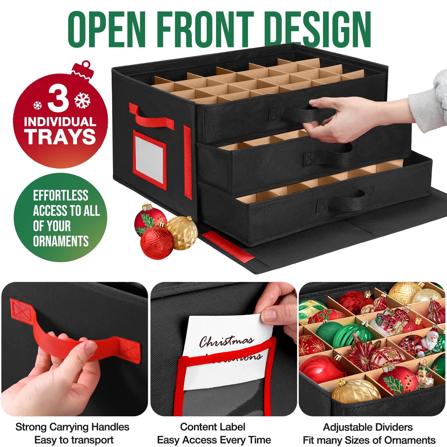 Funbty Premium Large Christmas Ornament Storage Box, Christmas Ornament Organizer, with Side Open, 3 Removable Trays - Keeps 72 Holiday Ornaments, Black