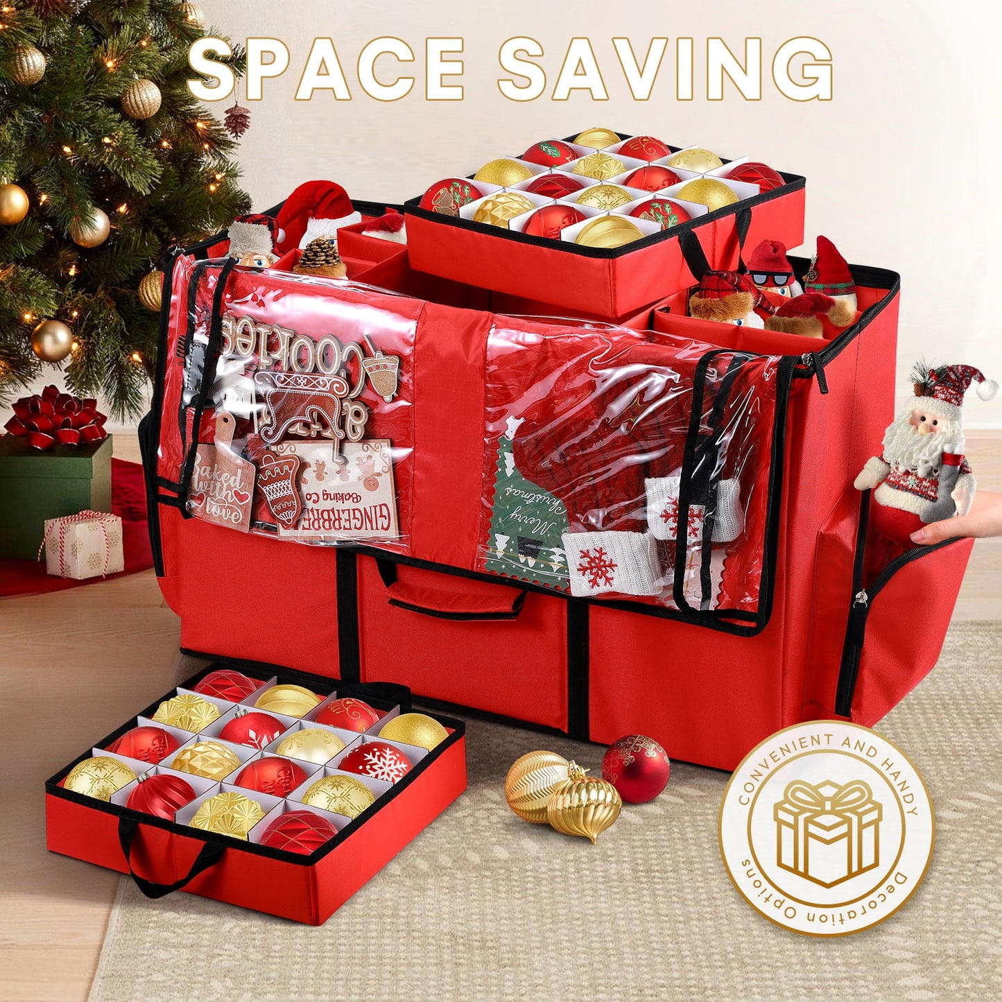 Funbty Premium Christmas Ornament Storage Container with Dividers, Fits Up to 73 Ornaments, 600D Tear Red