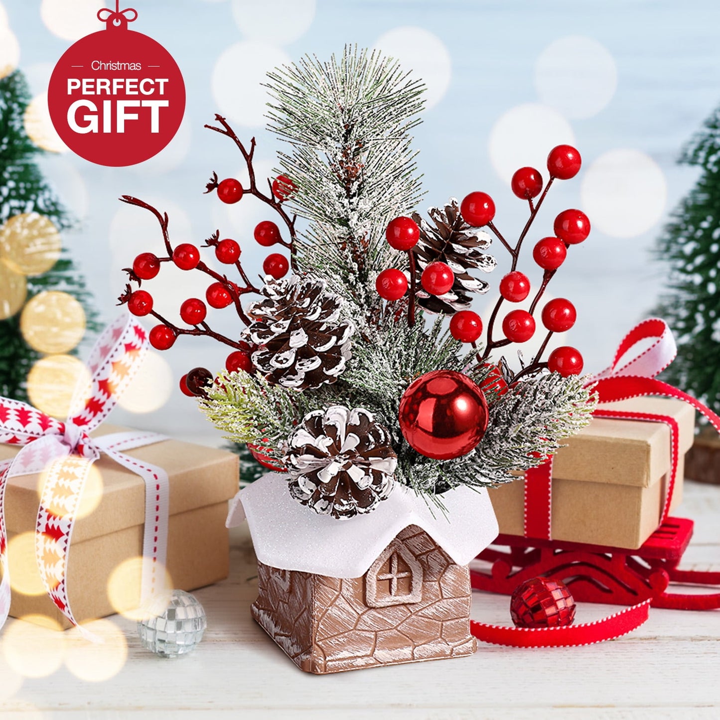 Funbty Artificial Mini Tabletop Christmas Tree Decorations with Christmas Ornaments, Small Christmas Tree for Home Party Thankgivings Christmas Decor Indoor, Red