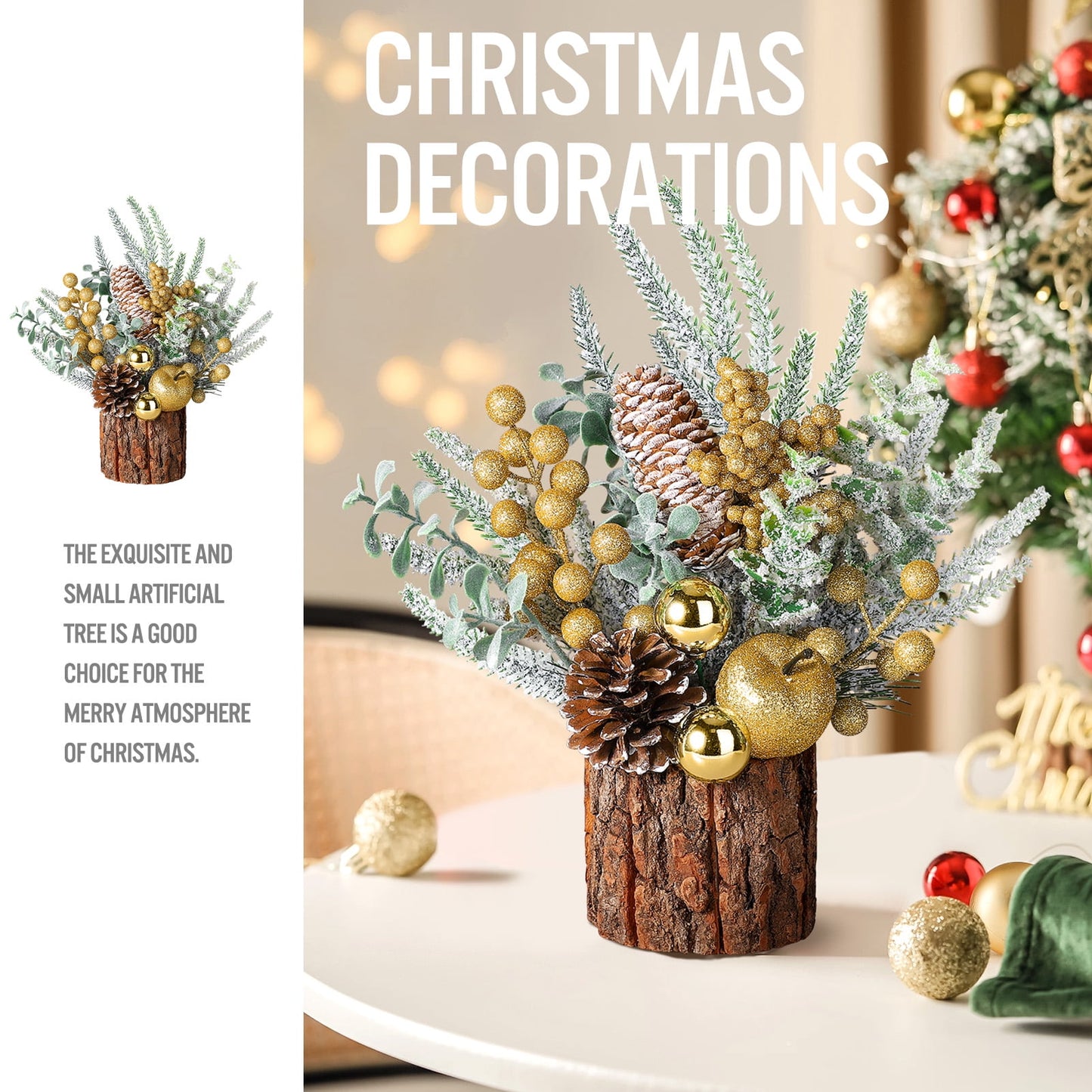 Funbty Small Christmas Tree, Artificial Mini Tabletop Christmas Tree Decorations with Christmas Ornaments, for Xmas Party Thankgivings Christmas Decor(Gold)