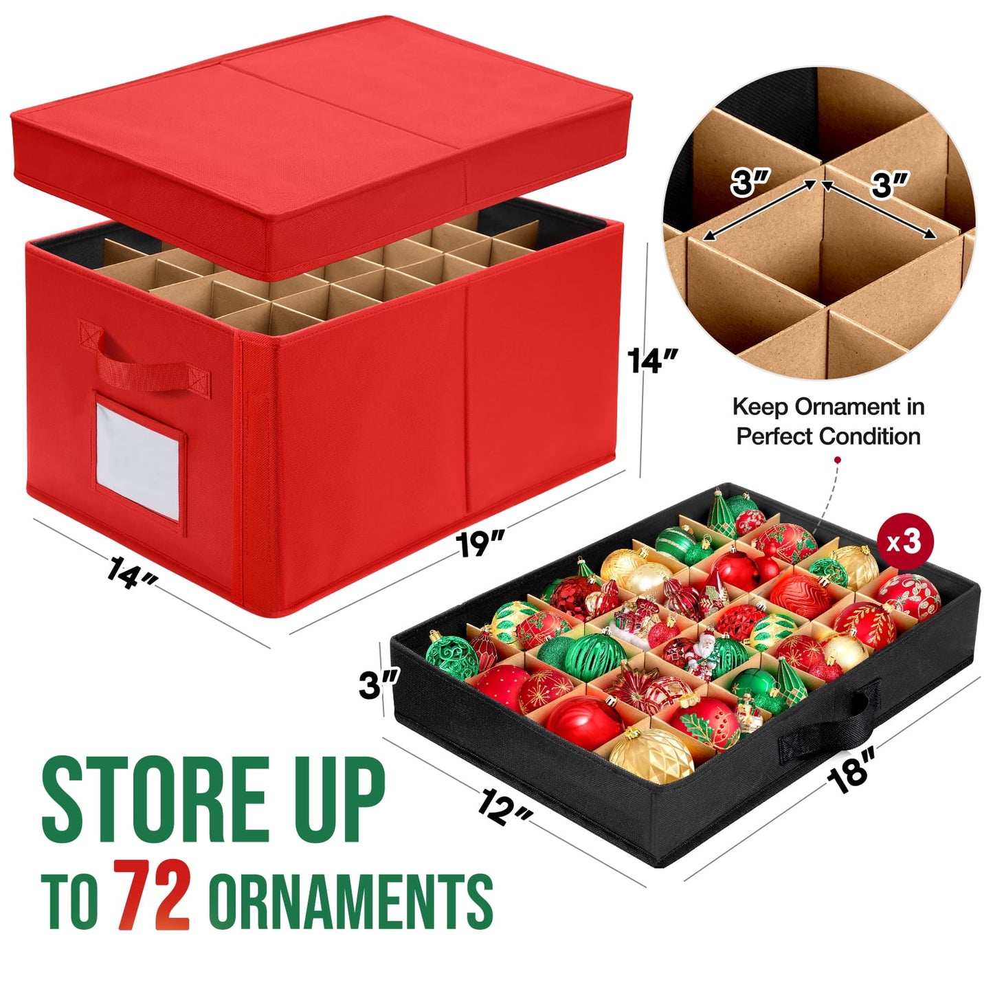 Funbty Premium Large Christmas Ornament Storage Box, Christmas Ornament Organizer, with Side Open, 3 Removable Trays - Keeps 72 Holiday Ornaments, Red