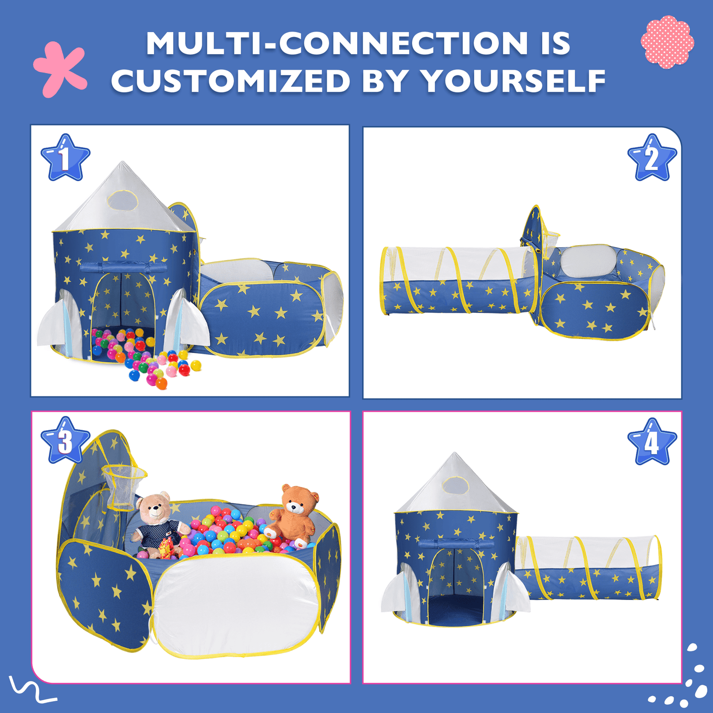 Funbty Kids Play Tent, 3 in 1 Play Tents Tunnel Set with Ball Pit and Storage Bag, Indoor Outdoor Toy Tent for Toddlers Kids Toy Gifts, Blue (No Ball)